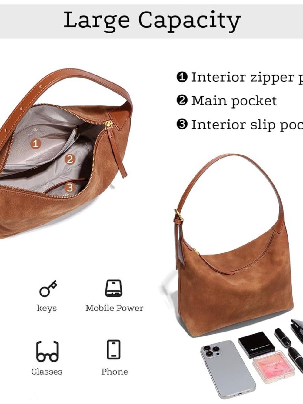 Suede Hobo Bag For Women,Vintage Shoulder Crossbody Purse,Fause Suede Handbag 2 - Picture 5 of 7